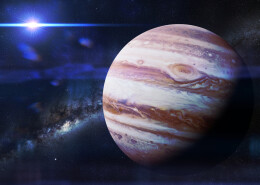 planet Jupiter in front of the galaxy and the Sun